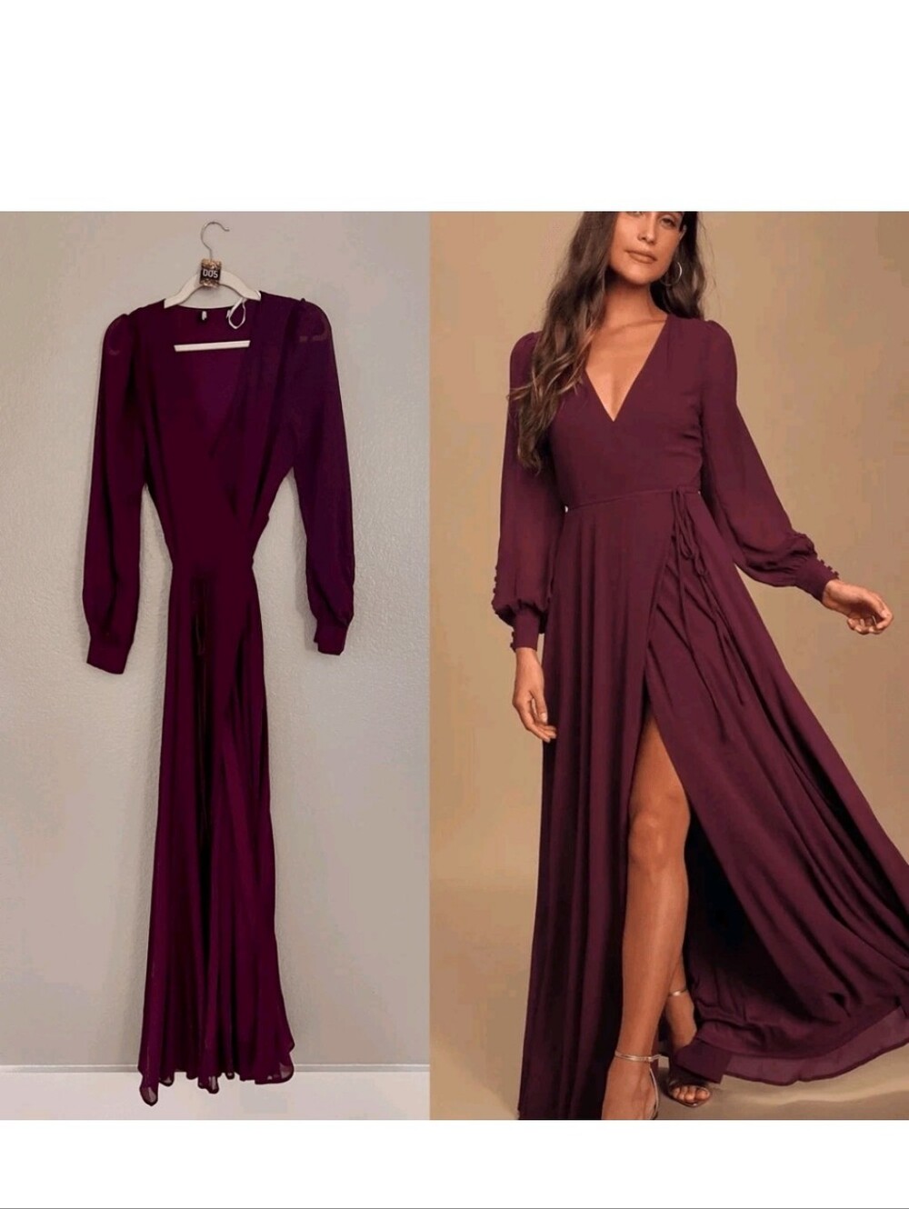 Lulu's Plum Wrap V-Neck Long Sleeve Maxi Dress